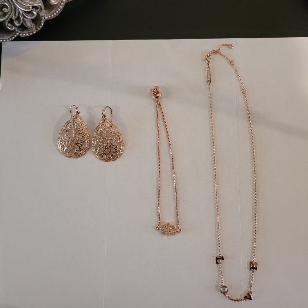 Rose Goldtone Jewelry Set (Earrings, Bracelet and Necklace)